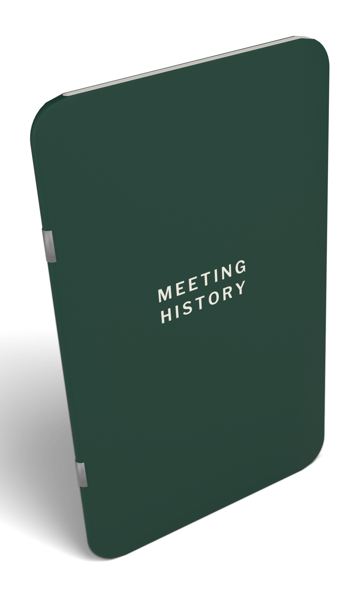 The Meeting History booklet, closed: a dark green saddle-stitched pocket booklet with the words MEETING HISTORY in cream on the cover.