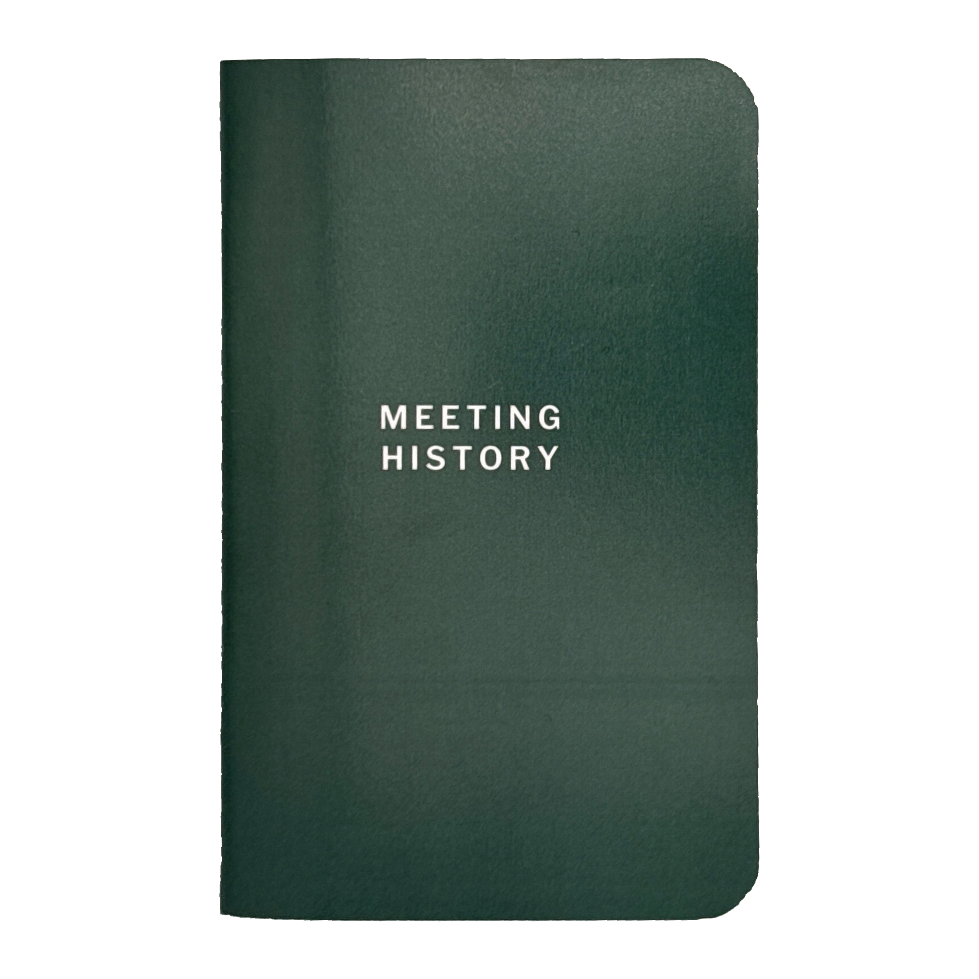 The Meeting History booklet, closed: dark green cover with MEETING HISTORY in white, photographed from a physical proof.