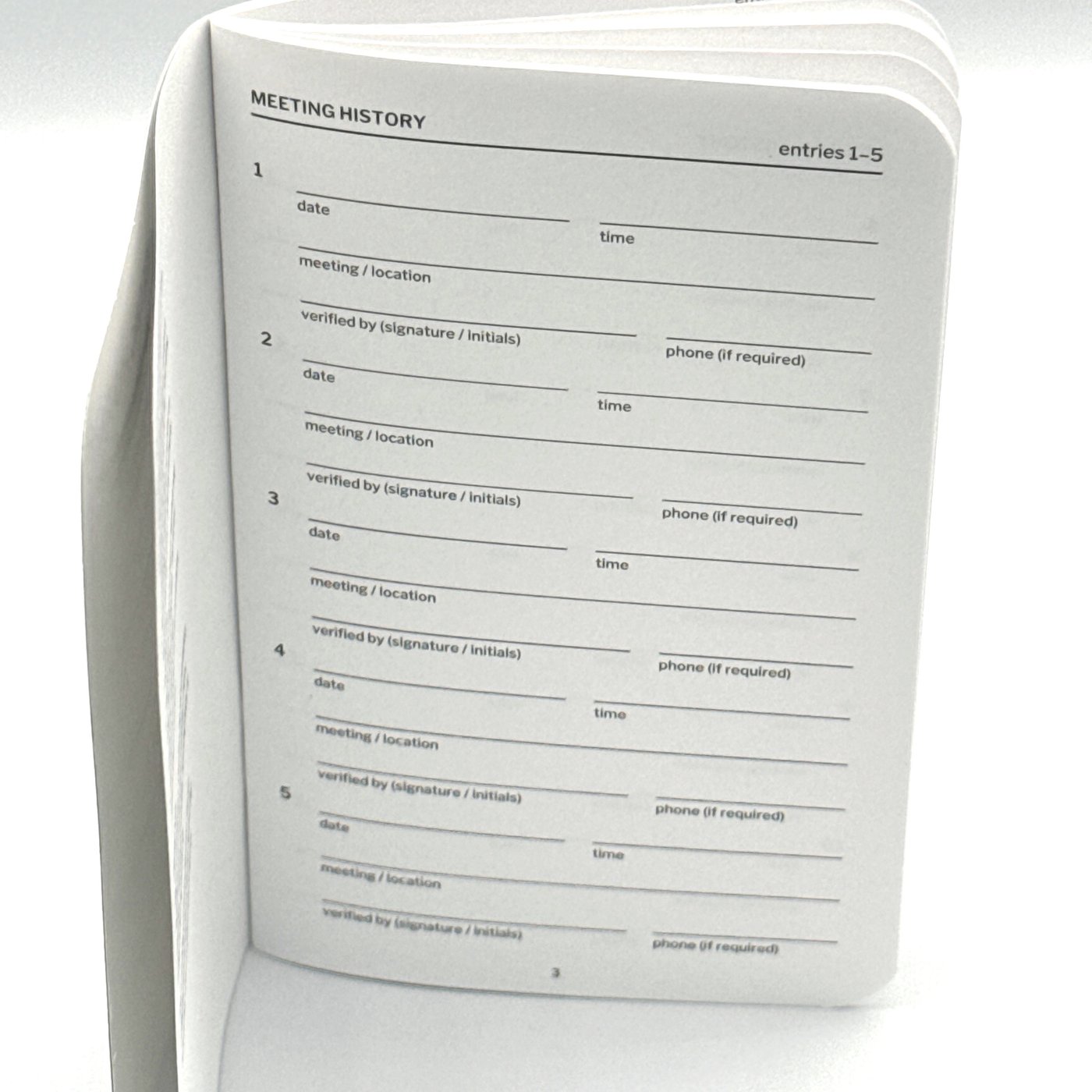 A record page: a header reading MEETING HISTORY with the range of entries it holds, then numbered entries, each with ruled lines labelled date, time, meeting slash location, verified by with signature or initials, and phone if required.