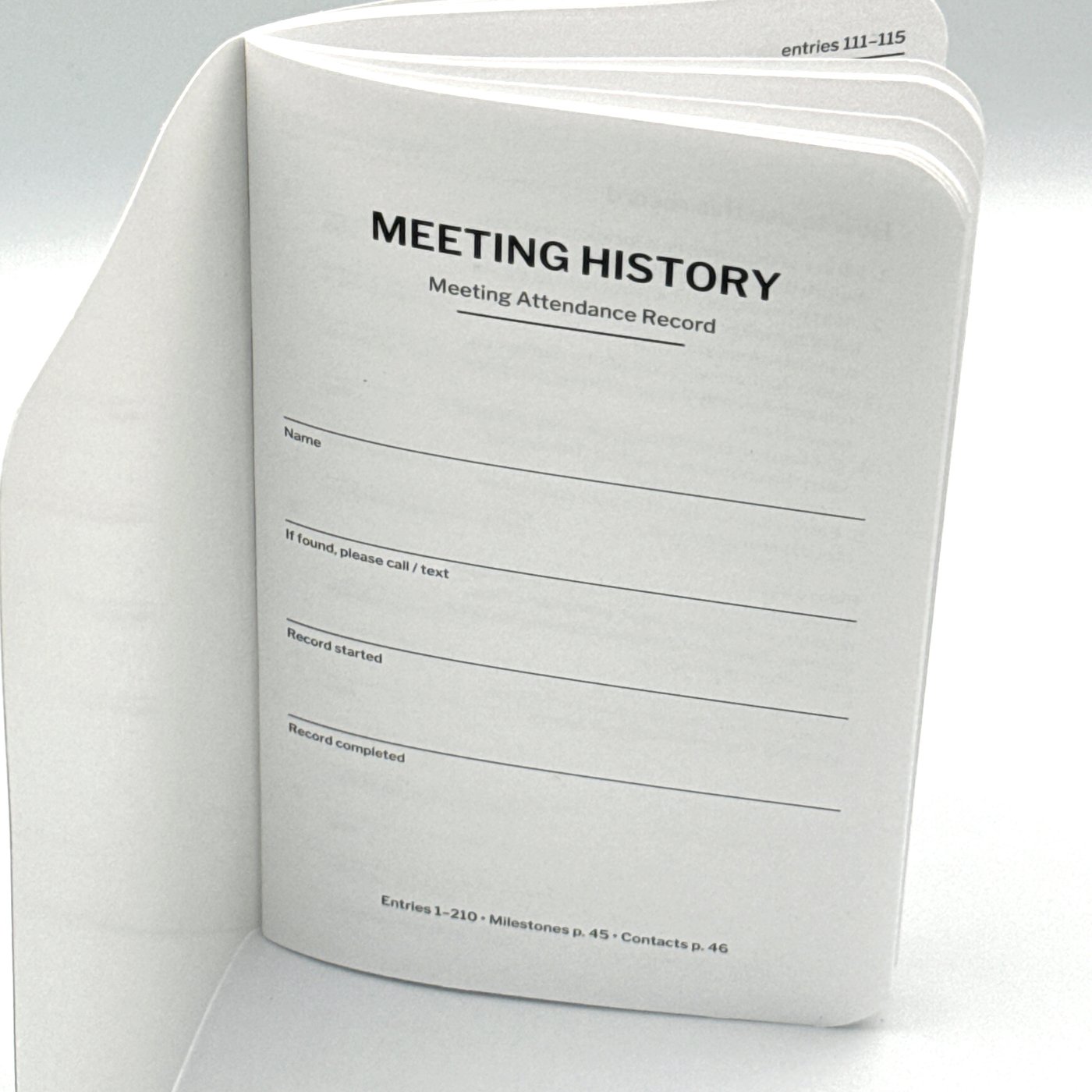 Owner name page inside the Meeting History booklet.